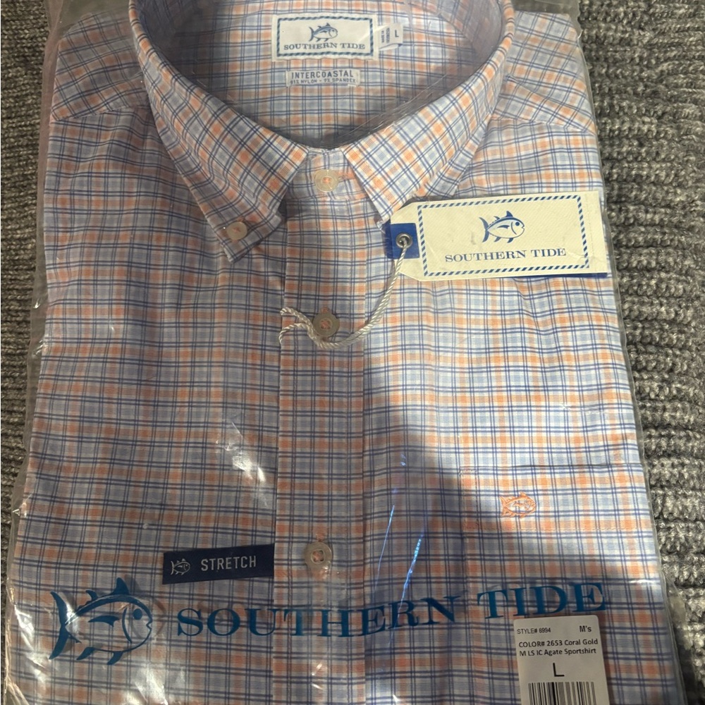 Southern Tide Men's Stretch Plaid Shirt in Blue and Orange